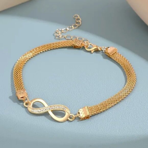 Anklet Infinity Rhinestone Gold Mesh Chain Beach Vacation Trendy Stylish Glam - Picture 3 of 5